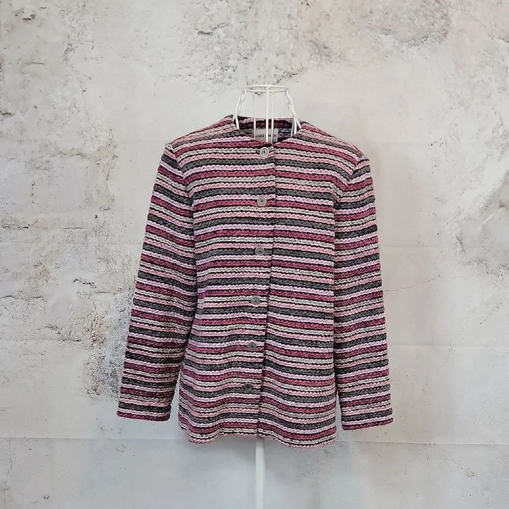 Alfred Dunner Blazer Striped Pink and Black Knit Button-Up Jacket Womens Size 8